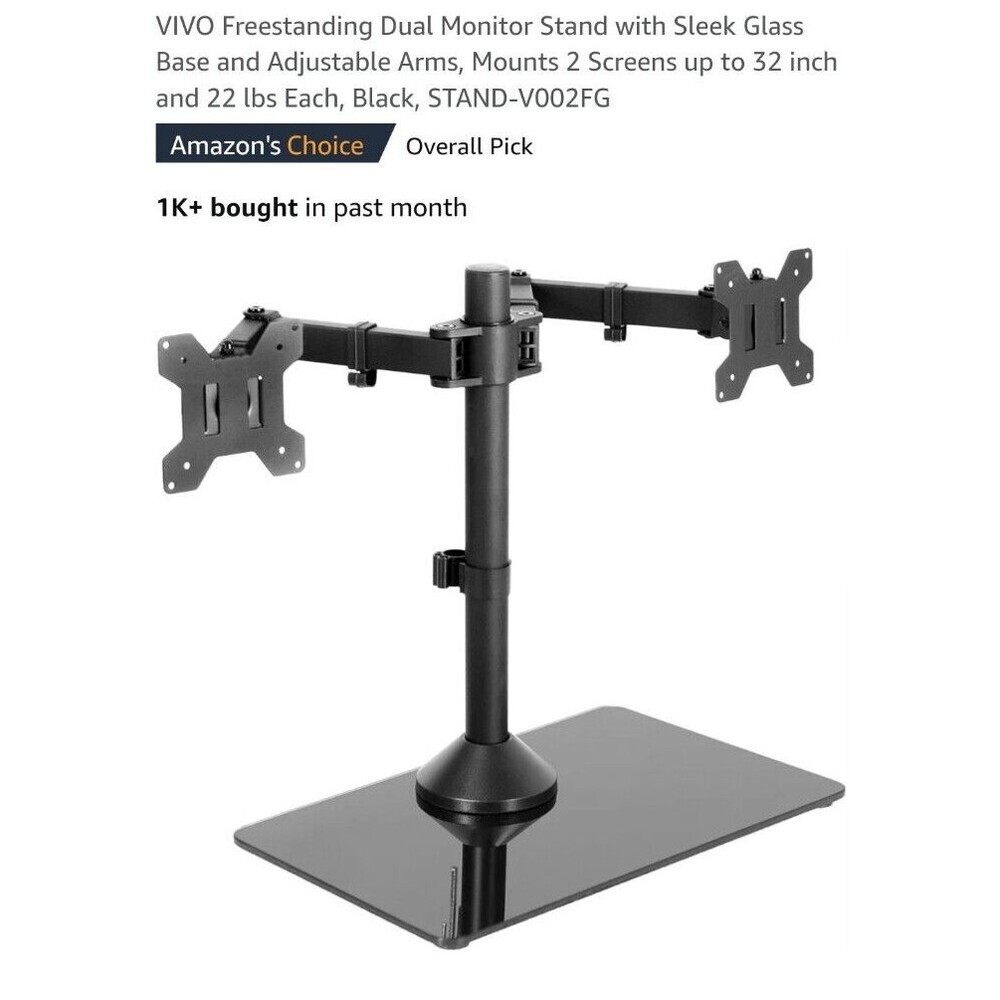 VIVO Dual Monitor Adjustable Mount w/ Glass Base Stand for 2 Screens up to 32"
